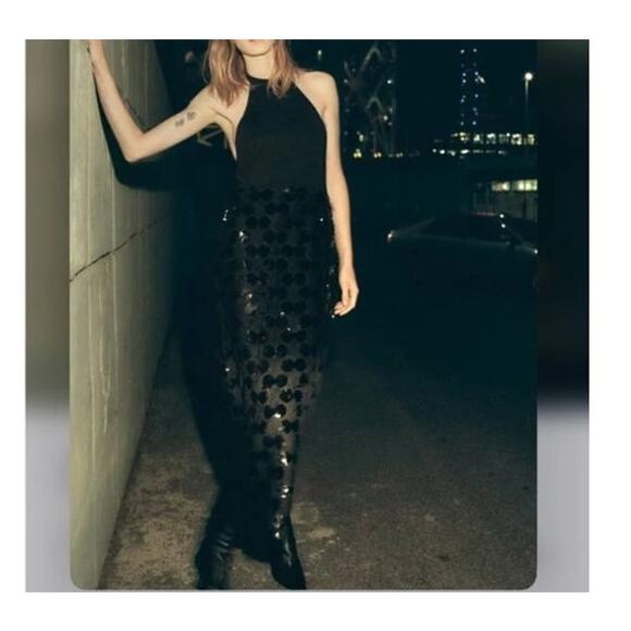 Zara Black Sequin & Faux Feather Halter Midi Dress Size Small - Picture 3 of 14